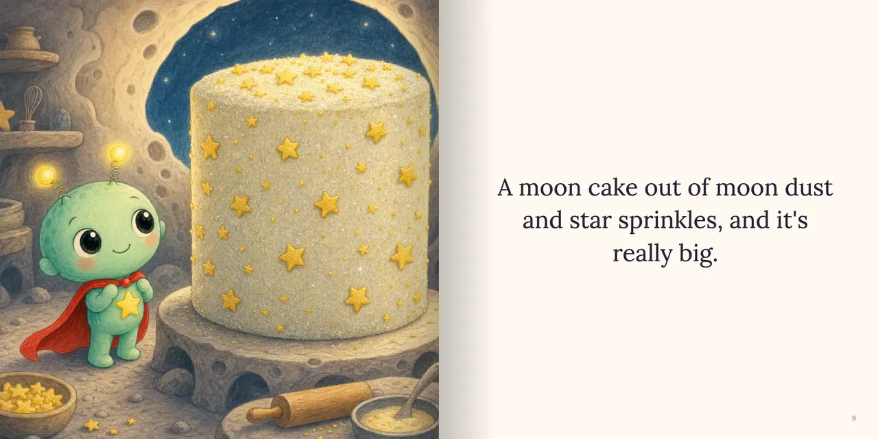 Sample book spread: A tall round cake of pale silver moon dust, covered in glittering yellow star sprinkles, towers over the alien in a crater kitchen. The words read: “A moon cake out of moon dust and star sprinkles, and it's really big.”