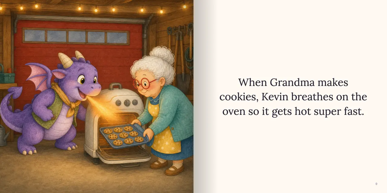 Sample book spread: A tall round cake of pale silver moon dust, covered in glittering yellow star sprinkles, towers over the alien in a crater kitchen. The words read: “A moon cake out of moon dust and star sprinkles, and it's really big.”