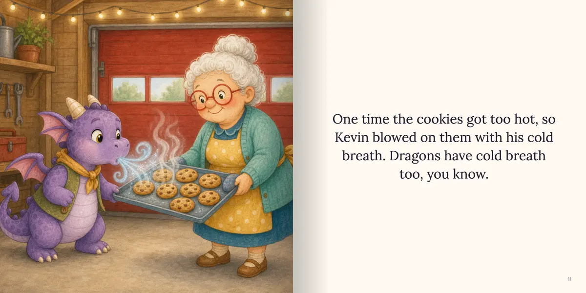 The finished page: “There's not that much gravity on the moon, so the cake floated up, up, up.” beside an illustration of the cake floating into the starry sky